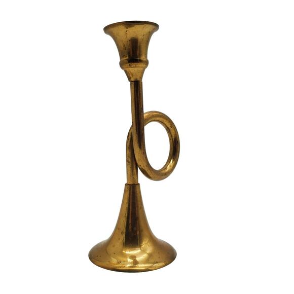 Brass Horn Candle Holder Trumpet Bugle Musical Instrument Home Decor Candlestick - Picture 5 of 6